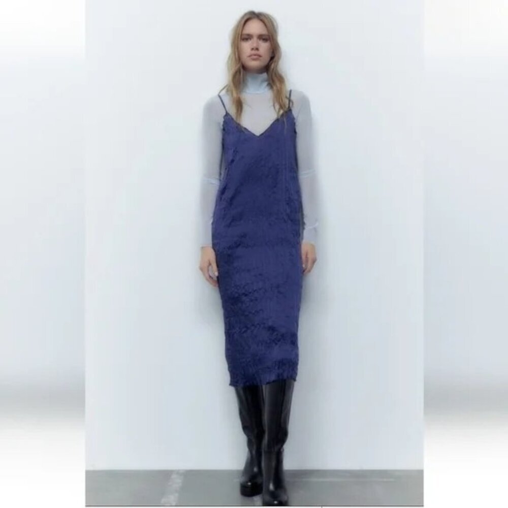 Zara Satin Effect Crinkle midi slip dress Navy 90s Y2K sz S
